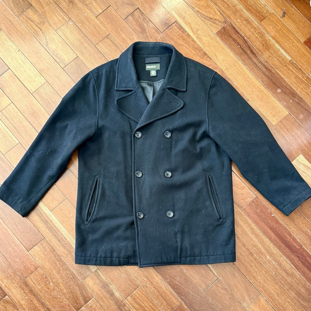 Eddie‎ Bauer Men Sz L Black Wool Blend Double Breasted Lined Peacoat Jacket Coat